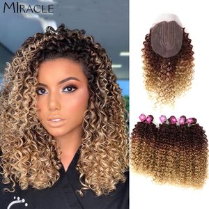 Human Hair Bulks Afro Kinky Curly Hair Extensions Ombre Blonde 16-20Inch Synthetic Hair Bundles With Closure Weave Hair High Temperature Fiber 230925