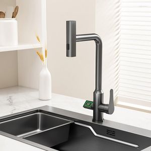 Kitchen Sink Faucet, Digital Display Waterfall Faucet with Pull Out Sprayer, Single Hole Hot and Cold Water Mixer Tap, Brushed Nickel