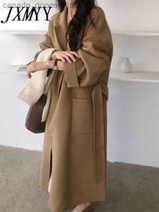 Women's Wool Blends JXMYY Korean Chic Fashion Elegant Temperament Autumn And Winter New Mid-Length Waist Drawstring Loose Wool Coat WomenL230926