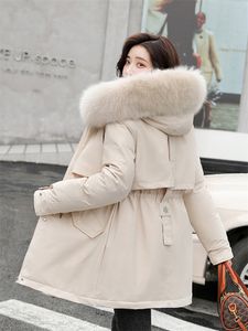 Mulheres para baixo parkas casaco de inverno baixo preço à venda mulheres bege adicionar lã grossa quente pele com capuz jaqueta moda cinto fino algodão 230925
