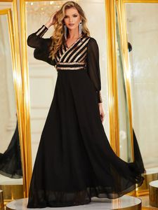 Akşam Elbise Siyah Balo Parti Elbise Şifon Resmi Yeni Özel Artı Boyut Fermuar Dantel Yukarı Bir Çizgi V Yastık Uzun Kollu Altın Sequins