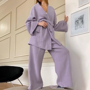 Женская одежда для сна, женский пижамный комплект, хлопковый мягкий халат с длинными рукавами и поясом, брюки, костюм из 2 предметов, одинаковые комплекты в стиле кимоно