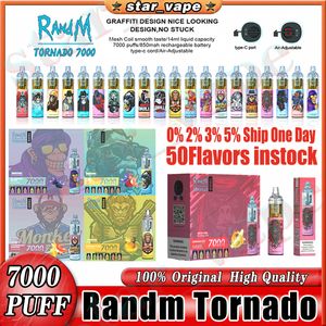 Orijinal Randm Tornado 7000 Puf Teslim Edilebilir Vape Kalem 7K Elektronik Sigara 14ml Pod Feet Bobini 6 Parlayan Renkler Şarj edilebilir hava ayarlanabilir 0% 2% 3% 5% BAR Instock