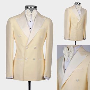 Champagne Mens Wedding Tuxedos Slim Fit Peaked Lapel Double Breasted Jacket 2 Pieces With Black Pants