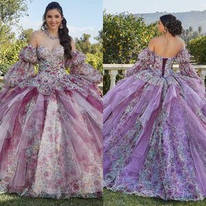 Purple Ball Gown Quinceanera Dresses Flowers Lace Appliques Prom Gowns Glittler Sweet 15 16 Girls Birthday Party Dress