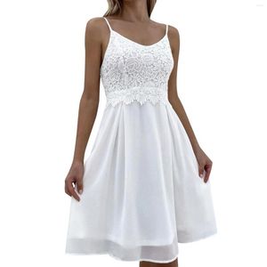 Günlük elbiseler boho dantel beyaz elbise kadınlar için plaj sundress yaz seksi spagetti kayış içi boş şifon kolsuz zarif parti
