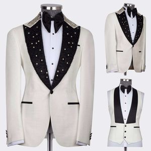 Gold Beads Mens Wedding Tuxedos Slim Fit Peaked Lapel One Button Jacket 3 Pieces With Black Pants