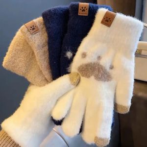 Модные перчатки с принтом кошачьей лапы для мобильного телефона, сенсорный экран, вязаные перчатки, варежки, зимние толстые теплые мягкие пушистые перчатки для взрослых, женские