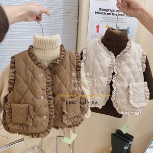 Waistcoat Girls' Autumn Winter Vest 1-6Y Baby Thickened Warm Clothes Children Wear Lace Outside Vest Children's Warm Waistcoat Plush Coat 230926