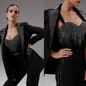 Black Sequins Women Pants Suits Slim Fit Girls Blazer Sets Loose 3 Pieces Custom Made Jacket For Lady Party Prom Wedding Wear