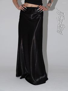 Юбки Черная глянцевая атласная длинная юбка Женская одежда Корейская мода Лето с высокой талией Утягивающее платье длиной до пола Японское платье Y2K S-4XL