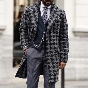 Erkek trençkotları sokak kıyafeti vintage grafik düğmeli blazer ceketler moda erkek kalın çentik yaka yün 2023 uzun kollu midi paltolar