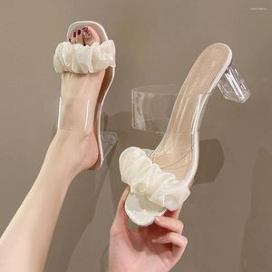 2024 Sandalet Koreli versiyonu Peri Style Pleased Summer Square Head Şeffaf Kalın Topuk Yüksek Topuklu Slipper Girl V ed