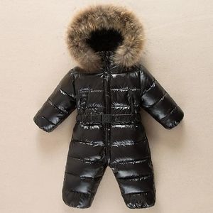 Rusya Kış Bebek Romper Gerçek Kürk Hooded Boy Kalın Kız Bebek Kar Giysileri Aşağı Ceket Kids Su Geçidi Su Geçirmez Parka Xmp255 230927