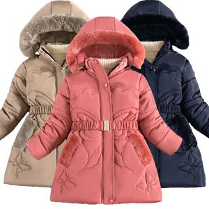 Jackets 312 Years Winter Keep Warm Girls Jacket Butterfly Pattern Fashion Detachable Hat Lining With Plush Collar Heavy Coat For Kids 230927