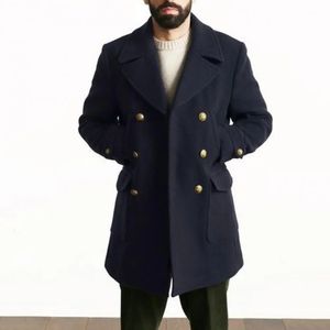 Wool Blend Men's Formal Trench Coat, Mid-Length British Style, Double-Breasted, Turndown Collar, 230928