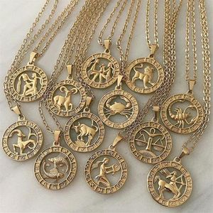 Colar vintage de ouro com doze constelações, colar para mulheres, meninas, homens, símbolo do zodíaco, presente, corrente de clavícula, joias finas 2169