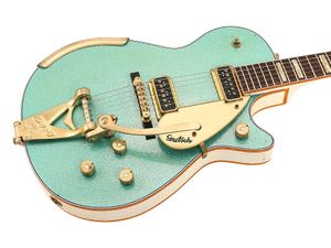Custom Shop Masterbuilt 1955 Duo Jet Surf Green Sparkle Electric Guitar White Back Sides Headstock, Gold Sparkle Binding, Bigs Tailpiece,