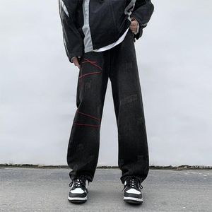 Erkek kot pantolon, derin kasık yırtık çizgili cepli bahar geniş bacak şık denim pantolon sokak kıyafetleri