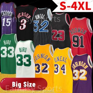 Özel büyük boy 4xl 3xl Erkek Çocuk Basketbol Forması 33 Larry Bird 15 Vince Carter Shaq Oneal Allen Iverson Dennis Rodmam Johnson Sarı Mor Kırmızı #3 15 33 23 24 34 91 73