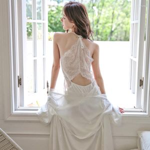 Kadınların Sweetwear Seksi Tam Slip Dantel Beyaz İpek Pijamaları Set Kadınlar Arka Gelin Düğün Robe Nightgown Kimono Batıl