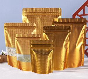 Altın elçilik ayakta duran ambalaj fermuarlı ziplock torba ile açık pencere yeniden ekilebilir paketleme mylar altın torba torbaları