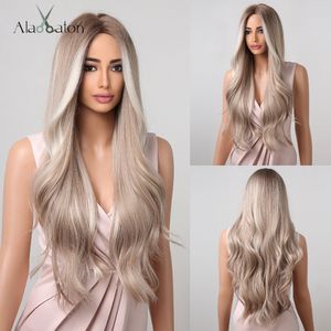 Beyaz Vurgulu Platin Sarışın Koyu Kökler Kadınlar İçin Sentetik Saç Perukları Uzun Dalgalı Cosplay Wig Isı Dirençli Doğrudan