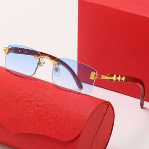 Lüks Gözlük Marka Tasarımcı Güneş Gözlüğü Kadınlar Erkek Mavi Güneş Gözlüğü Kare Altın Metal Kahverengi Ahşap Bambu Gözlük Karter Gözlükleri Çerçevesiz