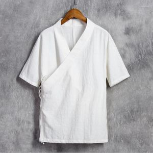 Erkek gündelik gömlekler artı erkek orijinleri marka pamuk keten v yaka kemer kısa kollu bluz Çin tarzı yaz m-5xl 6xl
