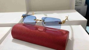 Moda Erkek Tasarımcı Güneş Gözlüğü Tutum Güneş Gözlüğü Kare lens Mavi Kadınlar Çerçevesiz Metal Ahşap Güneş Gözlükleri Vintage Sport Buffs iyi