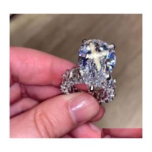 Обручальные кольца 10CT Big Diamond Ring Vintage Jewelry 925 Серлинг Уникальный коктейль -грушевый резак белый топаз драгоценные камни Женщины -ангевины dhiid