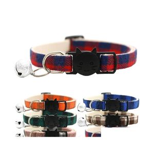 Cat Collars Leads Colorf Grid Pet Collar Bell Face Safety Buckle Adjustable Dog Necklace Neck Strap Lead Supplies Vt1575 Drop Deli Dh1Aa
