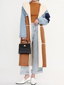 Kadın Trençkotları Kadın Yünlü Ceket Yakası Uzun Kollu Gevşek Dantel Yukarı Bel Denim Patchwork Kadın Kışında
