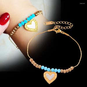Bracelets de link Leeker 316L Aço inoxidável Pingente de coração para mulheres Acessórias de jóias de moda de bola azul de cor dourada cor azul 535 lk3