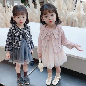 Kız Elbiseler Kızlar Elbise Prenses Küçük Takım Ekose Ceket Sonbahar ve Kış Küçük Kokulu Yelek Dantel 2 Parça Zarif Set Dre