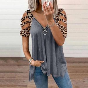 Kadın Tişörtleri Kadın Gevşek Stil T-Shirt Leopar Baskılı Desen Kısa Kol V-Yok Üstler Zip Boyun Kapalı Omuz Patchwork Leisure Bez