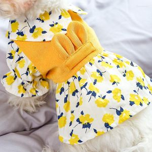 Köpek giyim evcil hayvan kıyafetleri küçük kedi tarzı sarı çiçek kadife etek ilkbahar ve yaz husky oyuncak ayı giyim