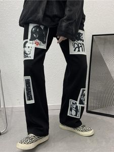 Erkek Pantolon Goth Punk Erkekler Rahat Siyah Yama Geniş Bacak Pantolon Baggy Yüksek Sokak Pantolon Anime Düz Dipleri Streetwear kadın kıyafetleri