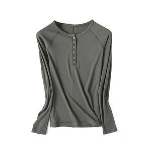 Женская футболка Raglan рукав Henley Tops Tops Snap Button Ribbed Slim Fit Tees Essential T Рубашки S M L 230110