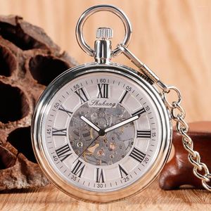 Cep Saatleri Gümüş Otomatik Mekanik Saat Kendi Kendini Sargı Basit Klasik Açık Yüz Zinciri Kolye Roman Numarası