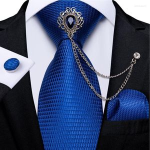 Bow Ties Solid Blue Gold Plaid For Men Business Wedding Party Men's Neck Tie Cufflinks Set Luxury Brooch Chain Gift