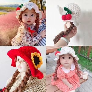 Şapkalar el yapımı örme kız kız peruk şapka bebek perukları çocuk sevimli tığ işi kapaklar ile sıcak örgü kulak koruma tavanları
