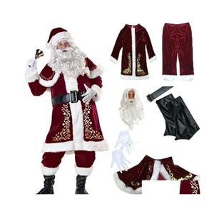 Рождественские украшения 9pcs veet deluxe santa claus отец косплей костюм костюм Adt Fangy Dress Fl Sets Delive Home Garden Dhsm0