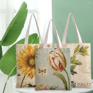Depolama çantaları vintage çiçek baskı alışveriş çantası kuşlar güneş çiçekleri kadın moda omuz tote damla gemisi