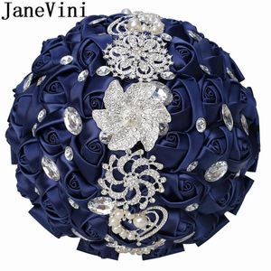 Hochzeitsblumen JaneVini 24 cm Marine-Königsblauer Blumenstrauß mit Kristallschmuck Luxusperle Diamant Satin Rose Braut Fleur Mariage