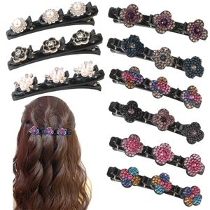 Bling kristal çiçek şerit örgülü saç klipleri moda dört yaprak ördek bıçağı saç tokası ile 3 küçük klipli rhinestones patlama kızlar için barrettes 1315