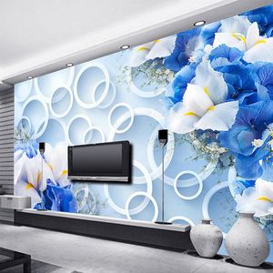 Duvar Kağıtları Özel 3D PO Duvar Kağıdı Duvar Resimleri Stereoskopik Daireler Mavi Çiçek Modern Sanat Tasarımları Oturma Odası TV Arka Plan Duvar Kaplama