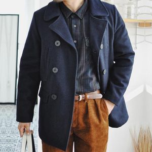 Мужская зимняя павлинская шерстяная смеси темно -синие траншеи сгущение винтажное пальто мужчин Паркас теплая куртка