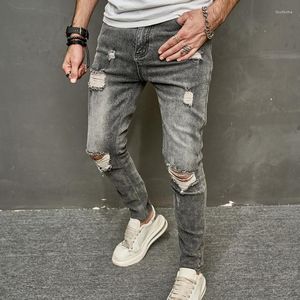 Erkek Kot Vintage Delik Ince Erkekler Moda Katı Cepler Jean 2023 Bahar Rahat Kot Pantolon Uzun Pantolon erkek Legging Elbise