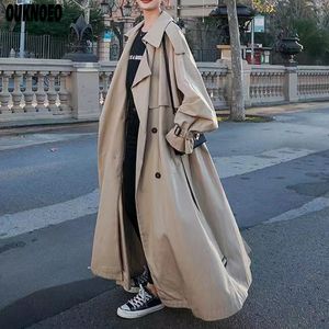 Женские траншеи роскошные женщины длинное пальто элегантное корейское повседневное ремень свободный куртка 2023 Ккаки Тонкий промежуток
